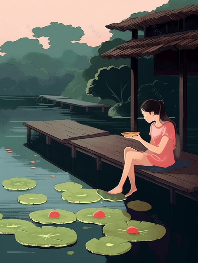 绿色池塘边玩耍的少女插画背景图,插画/手绘图,插画/手绘图库,插画/手绘图下载,插画/手绘